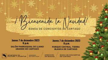 Fondo color crema con dorado y arbolito navideño con adornos dorados anunciando el concierto navideño