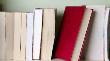 Libros ordenados verticalmente. En el medio resalta un libro rojo.