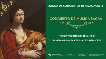 Pintura de Santa Cecilia con fondo verde anunciando el concierto