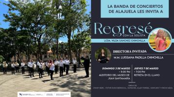 Foto de la Banda de Alajuela con las fotos de la Directora Luissana Padilla y la solista Hilda Chaves