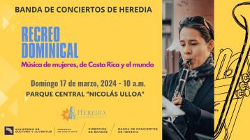 Foto de clarinetista mujer sobre fondo amarillo con el dibujo de una trompeta a su lado