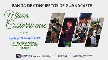 fotos de los músicos y el director Ronald Estrada sobre fondo naranja con instrumentos a su alrededor