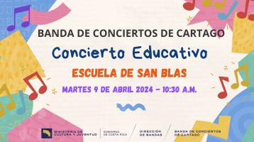 notas musicales y figuras de colores anunciando el concierto