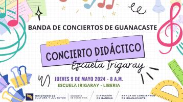 notas musicales e instrumentos de colores anunciando el concierto