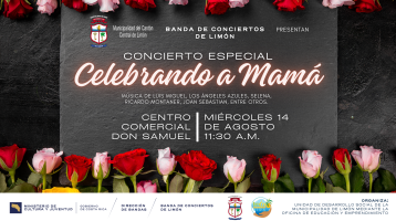 Rosas rojas y rosadas alrededor del título del concierto