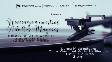 Foto de un vinilo con el título del concierto en homenaje a las personas adultas mayores