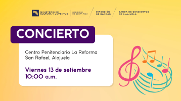 Letrero morado en fondo amarillo que anuncia el concierto con notas musicales