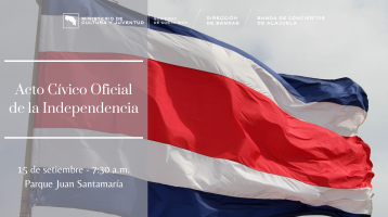 Imagen de la bandera de Costa Rica ondeando al viento con información del acto cívico