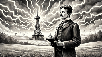 Imagen en tonos grises del científico Nikola Tesla y a fondo una torre recibiendo rayos