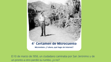 Afiche con información de la actividad y una fotografía en blanco y negro de una persona detenida en medio de una camino rural.