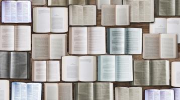 Varios libros abiertos juntos vistos desde arriba