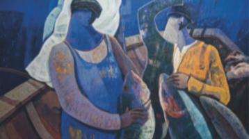 Fotografía de obra de arte en pintura con dos imagenes de personas en colores. 